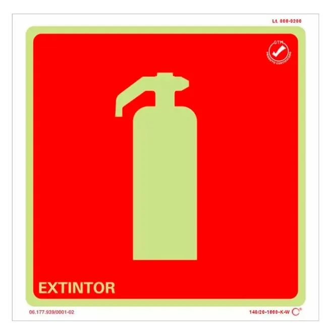 Placa de Sinalização Extintor Fotoluminescente 20x20 CM Certificada norma ABNT 16820 - E5