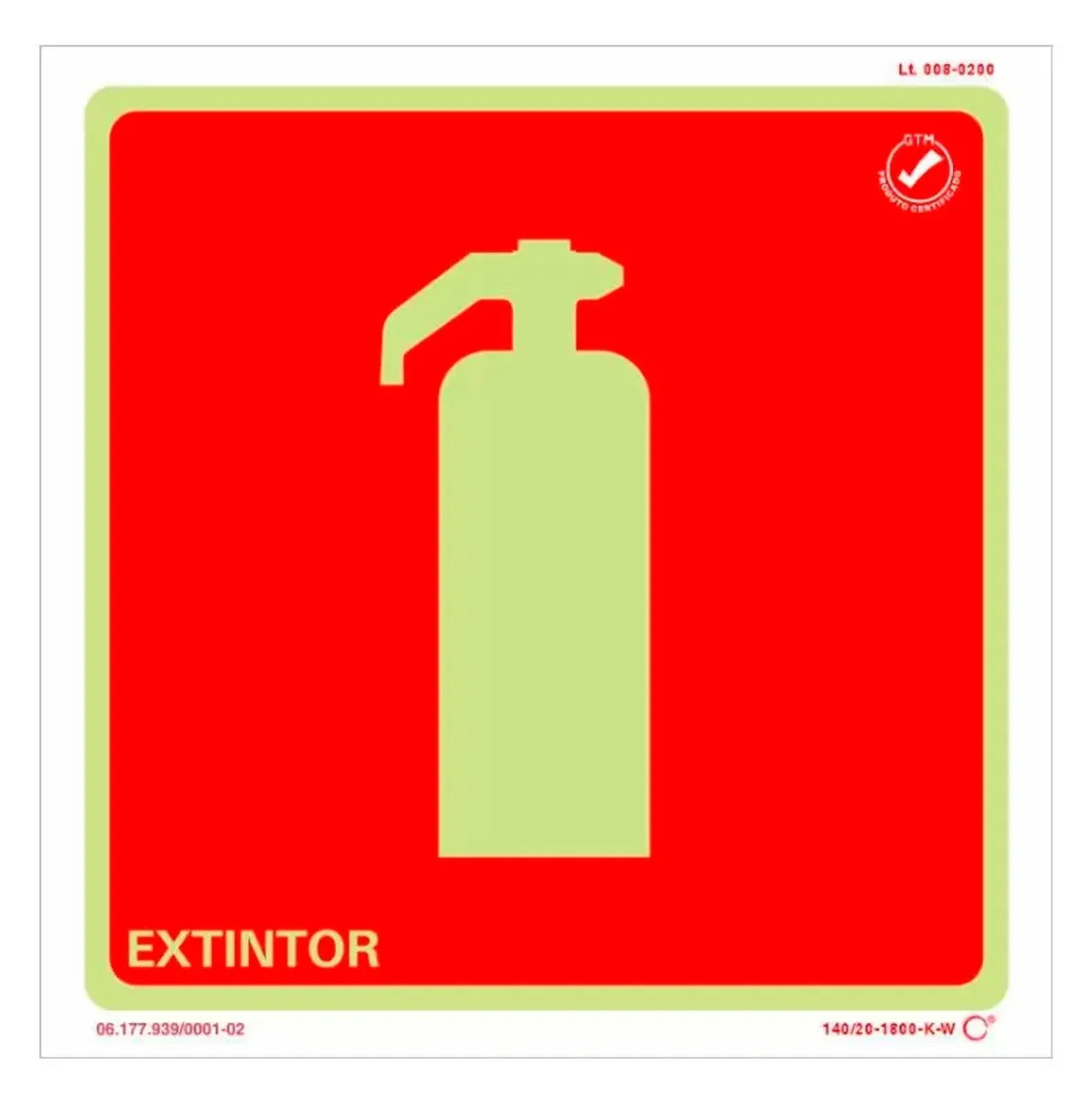 Placa de Sinalização Extintor Fotoluminescente 20x20 CM Certificada norma ABNT 16820 - E5