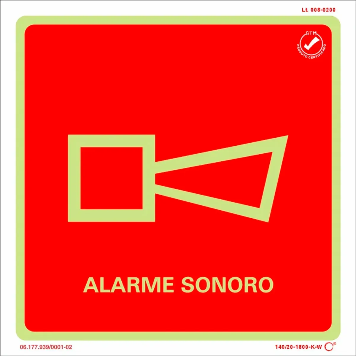 Placa de Sinalização Alarme Sonoro Fotoluminescente 20x20 CM Certificada norma ABNT 16820 - E1
