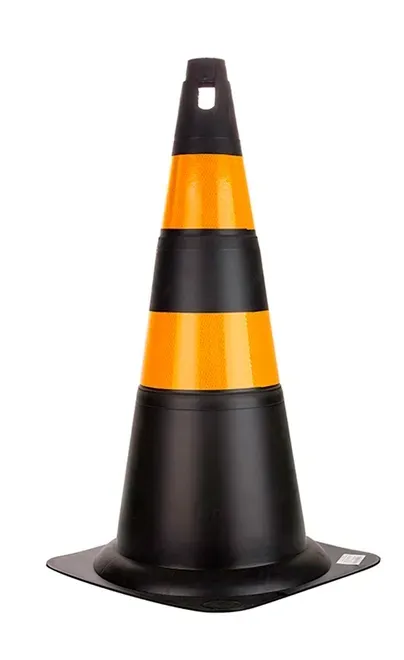 Cone de Sinalização Com Faixas Refletivas em Polipropileno Rígido Preto e Amarelo 75 CM