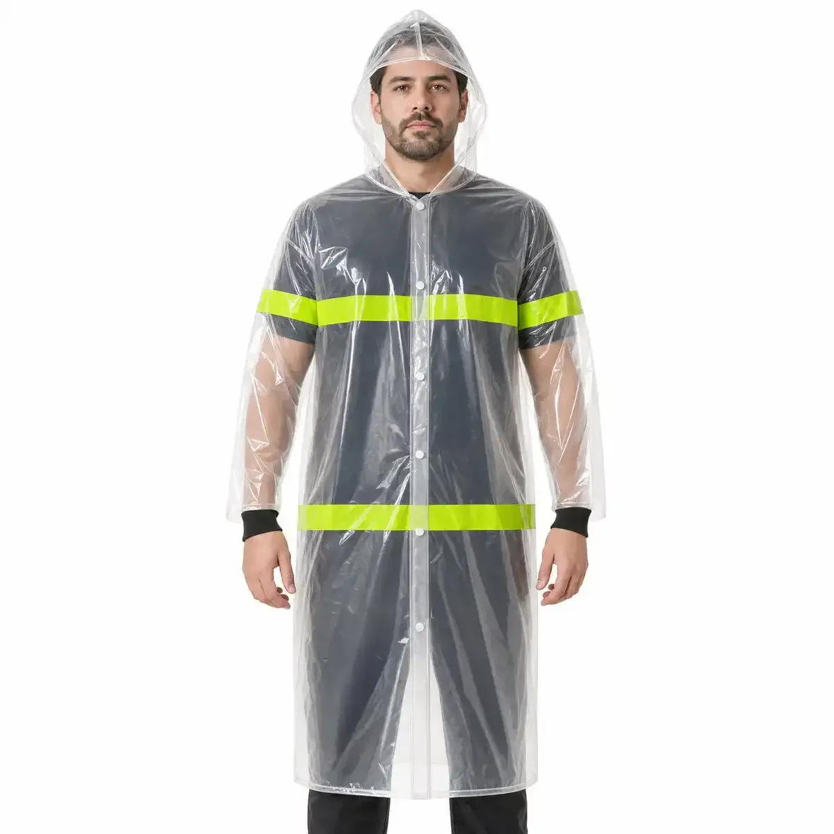 Capa de Chuva Brascamp PVC Laminado Incolor com Capuz Refletivo Verde Frente e Costas Impermeável CA 28450