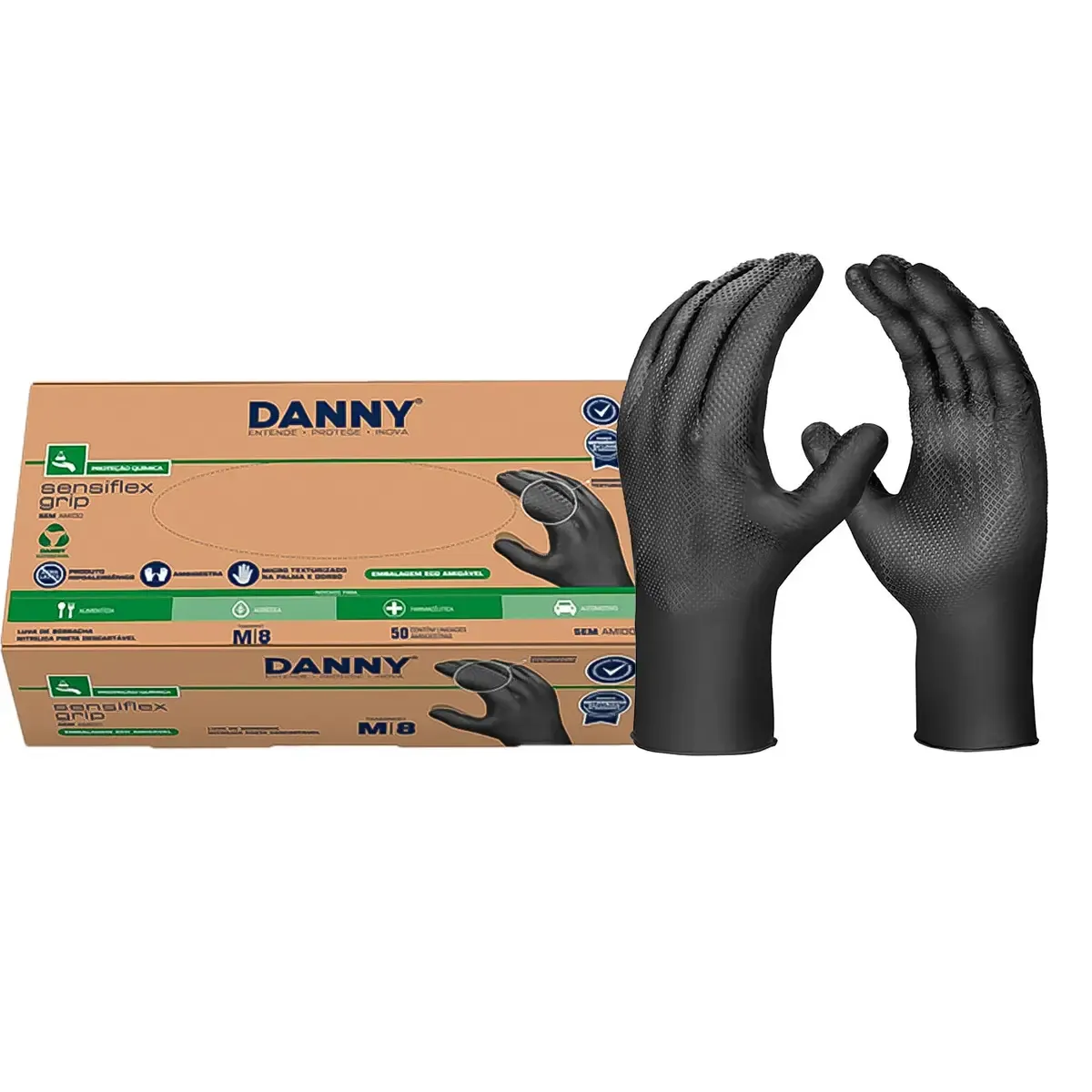 Luva Nitrílica Sensiflex Grip Danny Preta DA-90.600 PT Texturizada Palma e Dorso Com 50 Unidades CA  50743