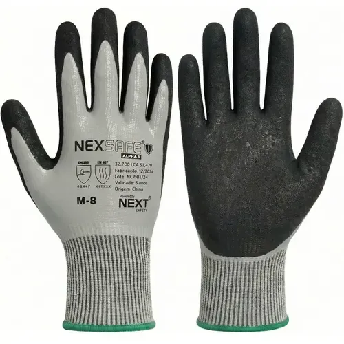 Luva Resistente a Corte Next Safety Modelo 32.700 Nexsafe Alpha 3 Banho Nitrílico Total Nível de corte TDM F, Maior escala do Teste CA 51.479