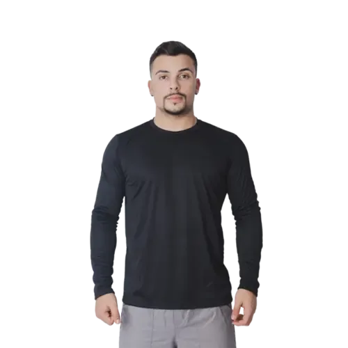 Camiseta de Manga Longa Proteção UV50 + Em Poliéster na Cor Preta Leve E Confortável