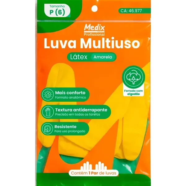 Luva Multiuso em Látex Amarela Medix Mb Life Para Limpeza de Uso Geral CA 46977