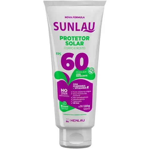 Protetor Solar Sunlau Marca Henlau Fator 60 Com Repelente Icaridina Bisnaga 120 Gramas