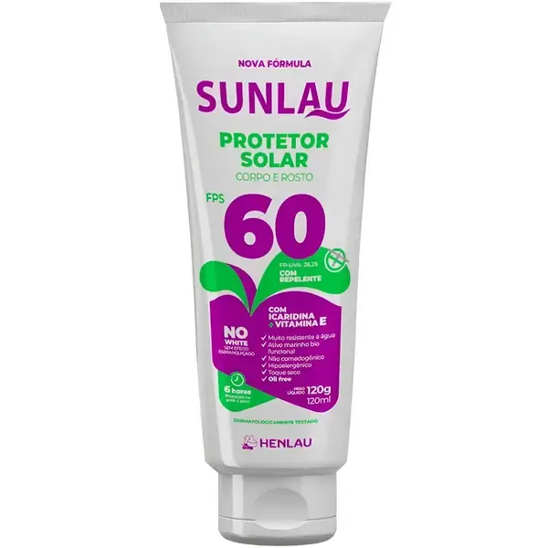 Protetor Solar Sunlau Marca Henlau Fator 60 Com Repelente Icaridina Bisnaga 120 Gramas