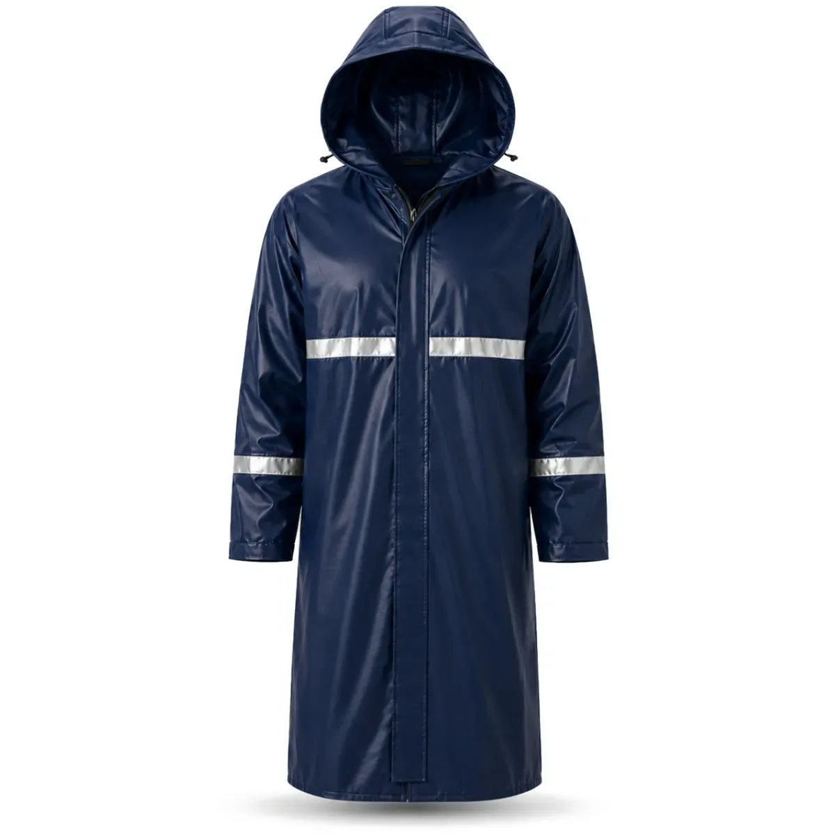 Capa de Chuva Longa PVC Padrão EPI Pioneira 5004 Azul Marinho Faixa Refletiva 3cm Capuz Fixo Zíper Velcro e Pala de Ventilação Nas Costas CA 53204