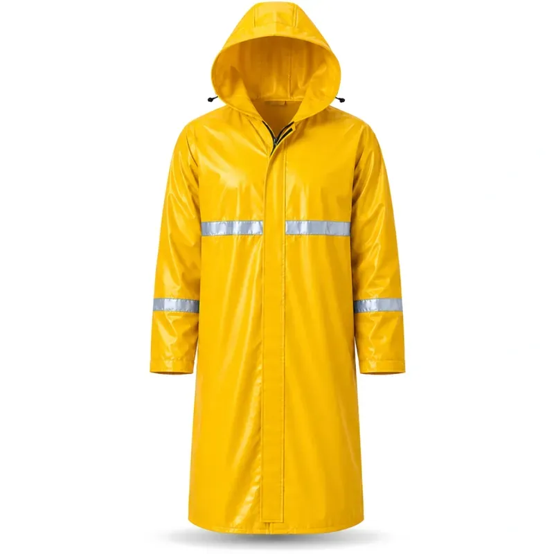 Capa de Chuva Longa PVC Padrão EPI Pioneira 5004 Amarelo Ouro Faixa Refletiva 3cm Capuz Fixo Zíper Velcro e Pala de Ventilação Nas Costas CA 53204