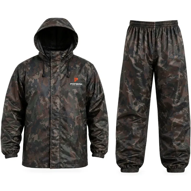 Conjunto de Chuva Nylon Pioneira 3200 Pescador Jaqueta e Calça Camuflado CA 42102 e 42104