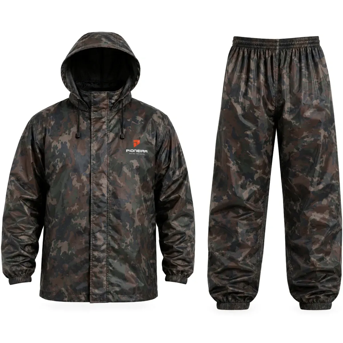 Conjunto de Chuva Nylon Pioneira 3200 Pescador Jaqueta e Calça Camuflado CA 42102 e 42104