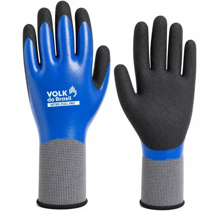 Luva Volk Nitril Full Pro Azul Preto Banho Nitrílico Total Mecânica Térmica e Peças Oleadas CA 50745