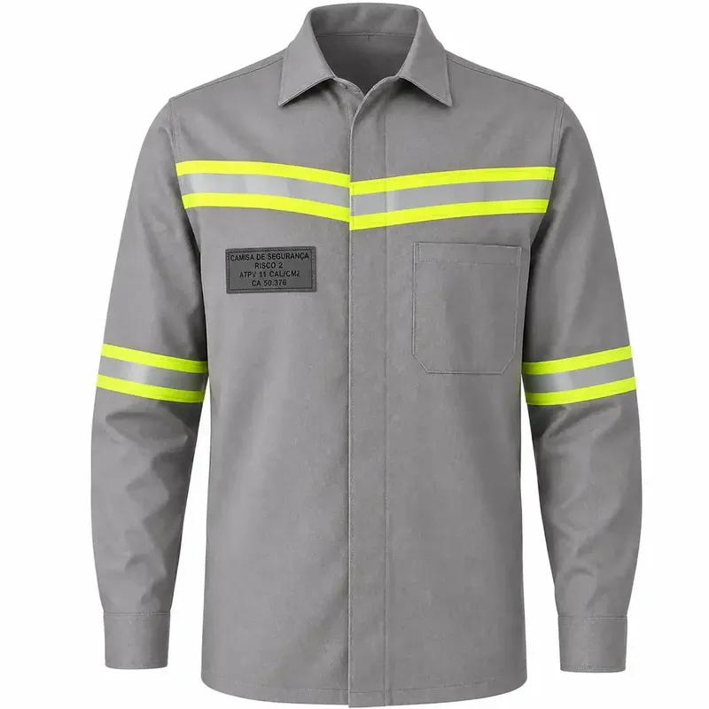 Camisa de Segurança FR Risco 2 ATPV 11 cal/cm² Arco Elétrico Fogo Repentino Cinza Mundo Linha Viva CA 50376