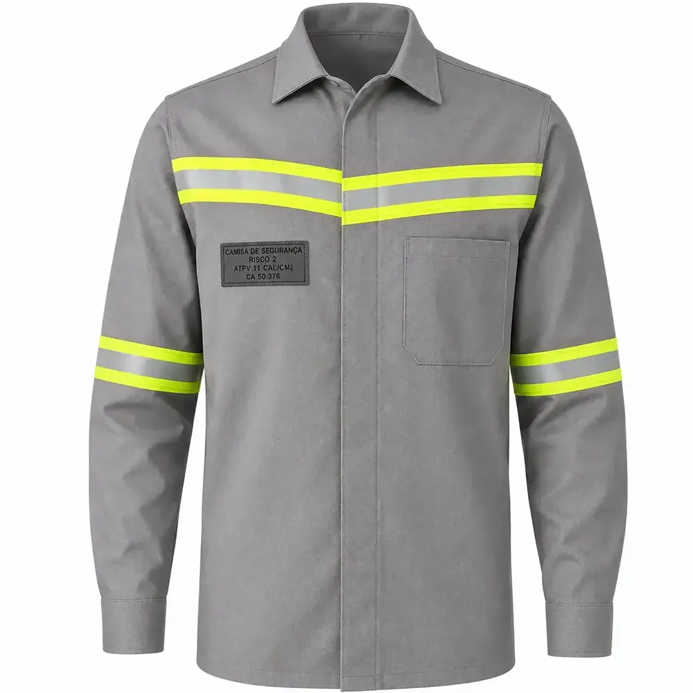 Camisa de Segurança FR Risco 2 ATPV 11 cal/cm² Arco Elétrico Fogo Repentino Cinza Mundo Linha Viva CA 50376