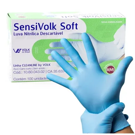 Luva Sensivolk Volk Sensi Soft Azul Nitrílica Descartável Sem Talco  Caixa 100 Unidades CA 35633