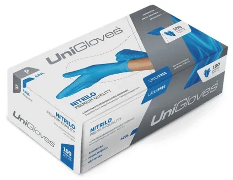 Luva Nítrilica Azul Sem Talco Caixa 100 Unidades Unigloves Nitrilo Blue Premium Com Anvisa CA 40811