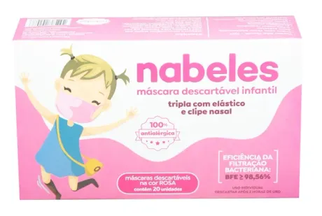 Máscara Tripla Infantil Rosa Nabeles 100% Antialérgica Com Clipe Nasal 20 Unidades