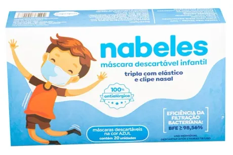 Máscara Tripla Infantil Azul Nabeles 100% Antialérgica Com Clipe Nasal 20 Unidades
