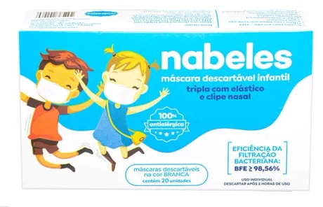 Máscara Tripla Infantil Branca Nabeles 100% Antialérgica Com Clipe Nasal 20 Unidades