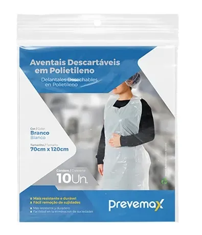 Avental Descartável Em Polietileno Branco Prevemax 1,20 X 0,70 Pacote com 10 Unidades