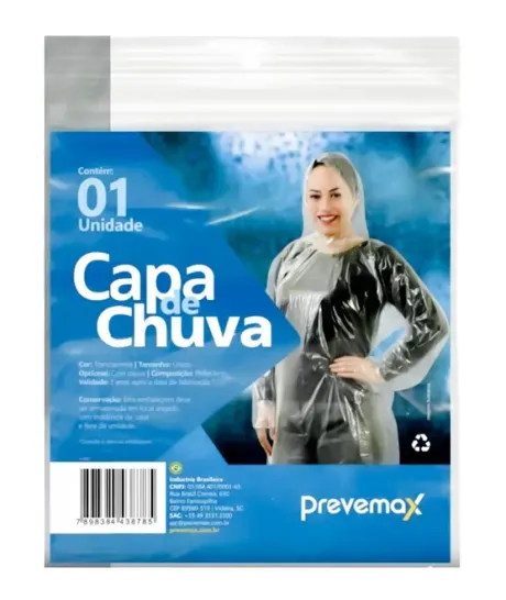 Capa de Chuva Transparente Polietileno Tamanho Único Prevemax Embalagem Individual