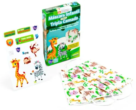Máscara Tripla Infantil Safari Kids OTB Com Cliple Nasal Antialérgica Caixa com 10 Unidades