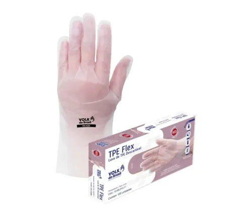 Luva Termoplástica TPE Flex Volk Transparente Ambidestra Descartável 100 Unidades