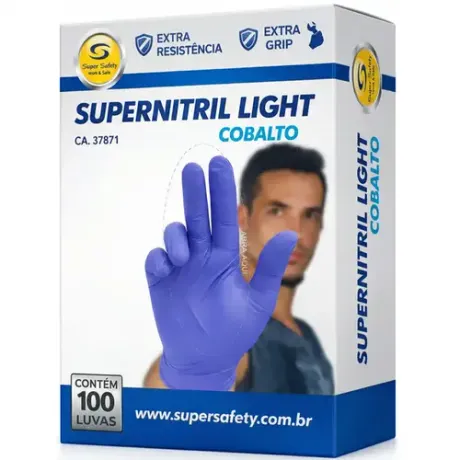 Luva Nitrílica Cobalto Descartável Super Safety Supernitril Light Sem Pó Caixa Com 100un CA 37871