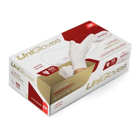 Luva de Procedimento em Latex Sem Pó  Conforto Pemium Quality Uniglove 100 Unidades Anvisa e CA 41036
