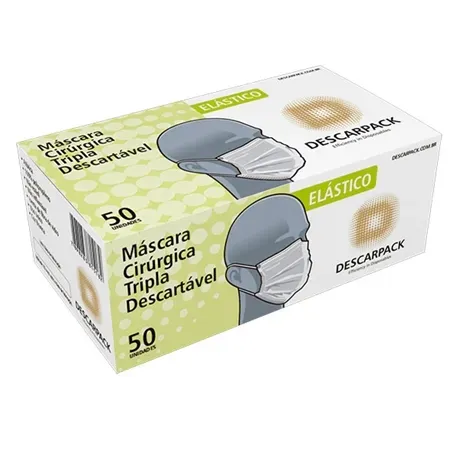 Máscara Tripla Descarpack 3 Camadas Branca e Clipe Nasal Caixa Com 50 Unidades