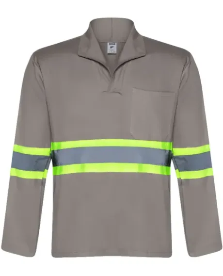 Camisa Manga Longa com Gola Italiana Confeccionada em Brim Cinza com Refletivo e Bolso