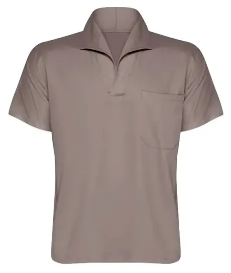 Camisa Profissional em Brim Manga Curta Com Gola Italiana Cor Cinza