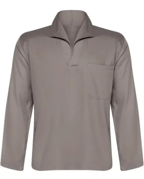 Camisa Profissional em Brim Manga Longa Com Gola Italiana Cor Cinza