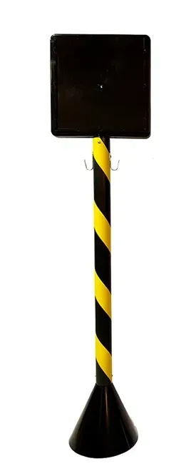 Pedestal de Sinalização 90 CM  Completo com Suporte para Placa e Acrílico Zebrado Preto e Amarelo de Alto Padrão Com Base em Concreto e Gancho Metálico