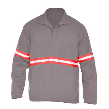 Camisa Operacional Proteção Solar UV50+ Commanders Manga Longa com Gola Italiana Confeccionada em Brim Cinza com Refletivo Laranja e Prata e Bolso