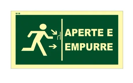 Placa de Sinalização Aperte e Empurre Saída de Emergência  Fotoluminescente 13x26 CM Certificada norma ABNT 16820 - S18