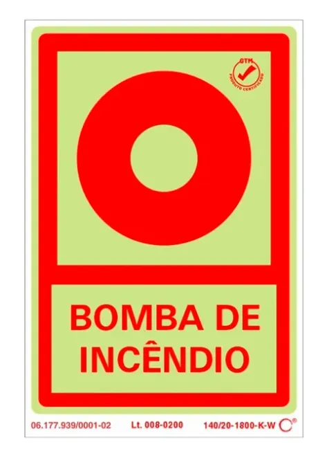 Placa de Sinalização Bomba de Incêndio Fotoluminescente 10x15 CM Certificada norma ABNT 16820 - E3