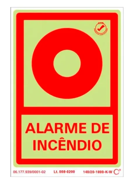 Placa de Sinalização Alarme de Incêndio Fotoluminescente 10x15 CM Certificada norma ABNT 16820 - E2