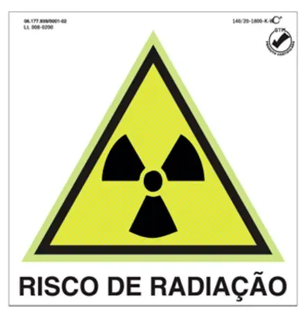 Placa de Sinalização Risco de Radiação Fotoluminescente 20x20 CM Certificada norma ABNT 16820 - RD