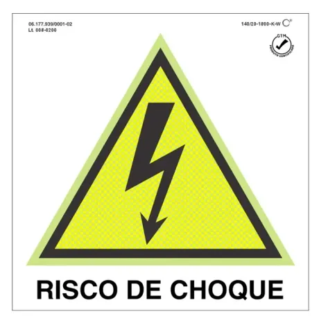Placa de Sinalização Risco de Choque Fotoluminescente 20x20 CM Certificada norma ABNT 16820 - A5