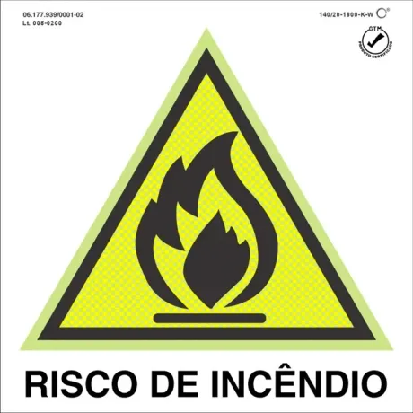 Placa de Sinalização Risco de Incêndio Fotoluminescente 20x20 CM Certificada norma ABNT 16820 - A2