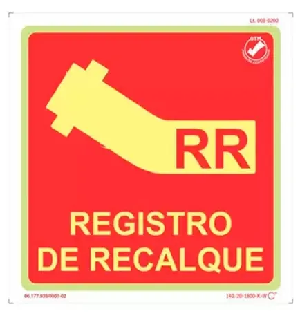 Placa de Sinalização Registro de Recalque Fotoluminescente 20x20 CM Certificada norma ABNT 16820 - RR