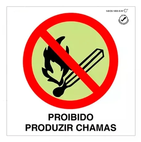Placa de Sinalização Proibido Produzir Chamas Fotoluminescente 20x20 CM Certificada norma ABNT 16820 - P2