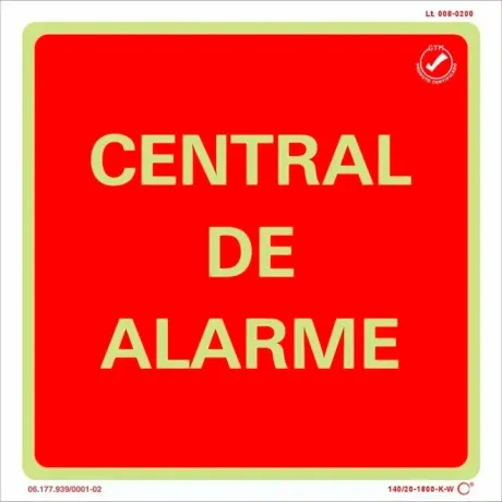 Placa de Sinalização Central de Alarme Fotoluminescente 20x20 CM Certificada norma ABNT 16820 - CA