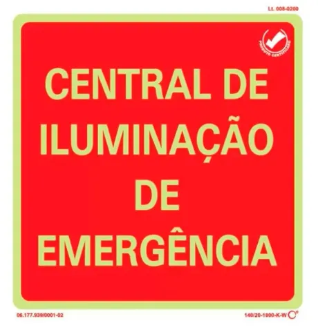 Placa de Sinalização Central de Iluminação de Emergência Fotoluminescente 20x20 CM Certificada norma ABNT 16820 - CIE