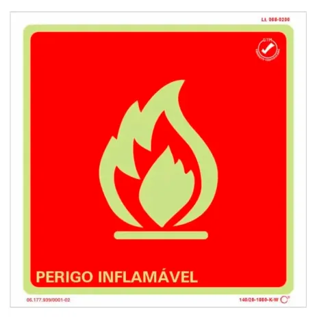Placa de Sinalização Perigo Inflamável Fotoluminescente 20x20 CM Certificada norma ABNT 16820 - PI