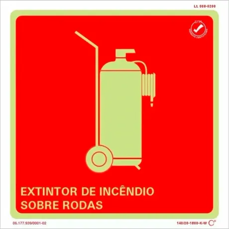 Placa de Sinalização Extintor de Incêndio Sobre Rodas Fotoluminescente 20x20 CM Certificada norma ABNT 16820 - E11