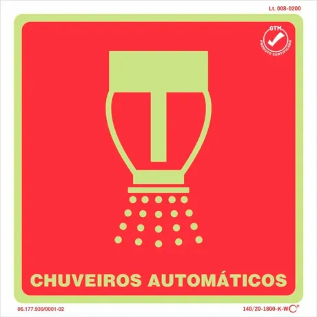 Placa de Sinalização Chuveiros Automáticos Fotoluminescente 20x20 CM Certificada norma ABNT 16820 - E10
