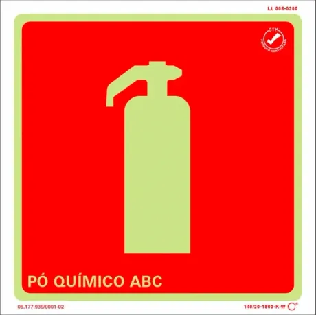 Placa de Sinalização Extintor Pó Químico ABC Fotoluminescente 20x20 CM Certificada norma ABNT 16820 - E5ABC