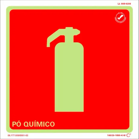 Placa de Sinalização Extintor Pó Químico Fotoluminescente 20x20 CM Certificada norma ABNT 16820 - E5PQS